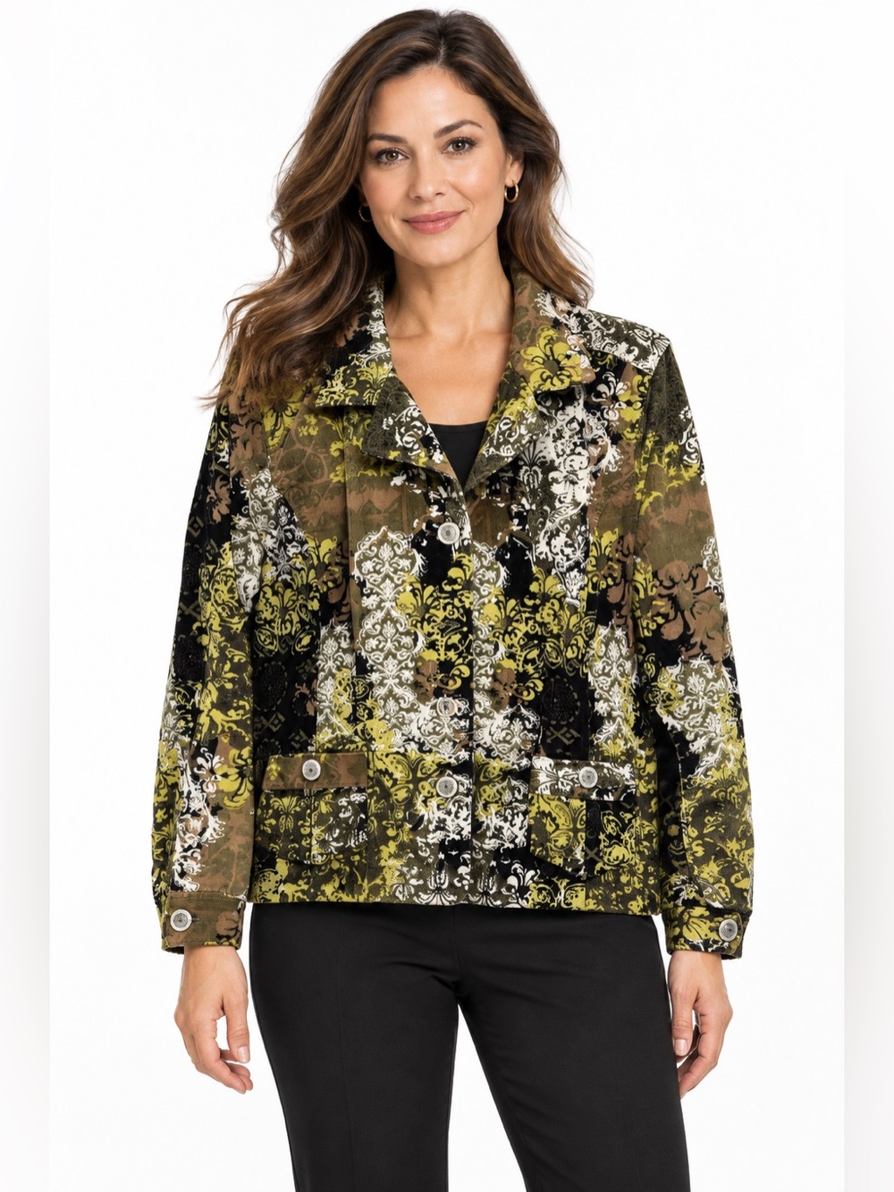 Christopher & Banks L Tapestry Print Jacket Brown Green Black Button Front